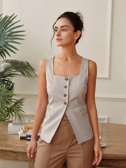 AEL Women's Sleeveless Vest Women Fashion Front Buttons Waistcoat Vintage Square Neck Sleeveless Female Outerwear Chic Tops
