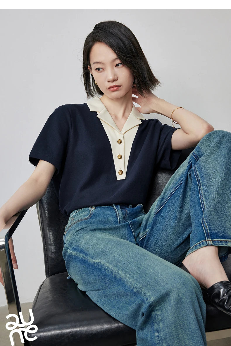TOYOUTH Women Contrasting Colors POLO Collar T-shirt 2025 Summer New Short Sleeved Top