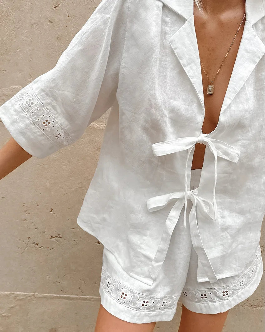 TARUXY Fashion White Cotton Linen Hollow Out Lace Up Top And Short Pants Suit Women's Loose Top Casual Splice Sets Lady Summer