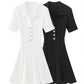 Summer New Women's Turn Down Collar Short Sleeve Knitted Mini Dress Slim Fit A-line Diamond Buttons White Short Dress  C-050