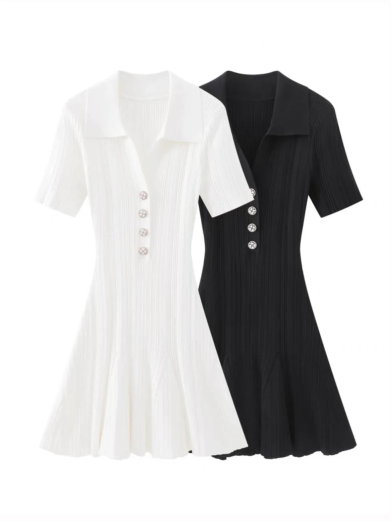 Summer New Women's Turn Down Collar Short Sleeve Knitted Mini Dress Slim Fit A-line Diamond Buttons White Short Dress  C-050