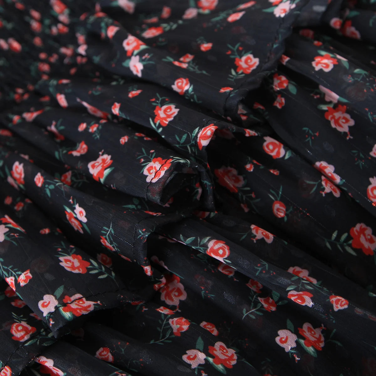 2022 Women Sexy Cross Bandage Black Flower Print Puff Long Sleeve Dress 3 layer Wood Ears Ruffles Hem Cake Mini Holiday Robe