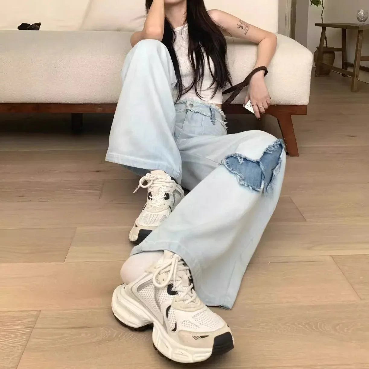 Korean Style High-Waisted Wide-Leg Jeans For Women Spring New Loose-Fit Shallow Blue Butterfly Hollow Out Straight-Leg Pants
