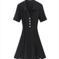 Summer New Women's Turn Down Collar Short Sleeve Knitted Mini Dress Slim Fit A-line Diamond Buttons White Short Dress  C-050