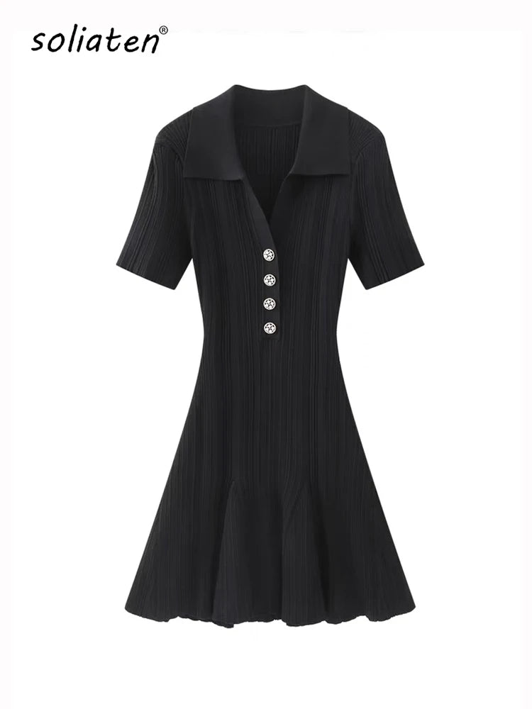 Summer New Women's Turn Down Collar Short Sleeve Knitted Mini Dress Slim Fit A-line Diamond Buttons White Short Dress  C-050
