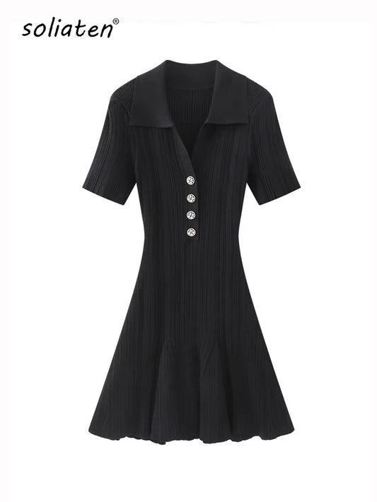 Summer New Women's Turn Down Collar Short Sleeve Knitted Mini Dress Slim Fit A-line Diamond Buttons White Short Dress  C-050