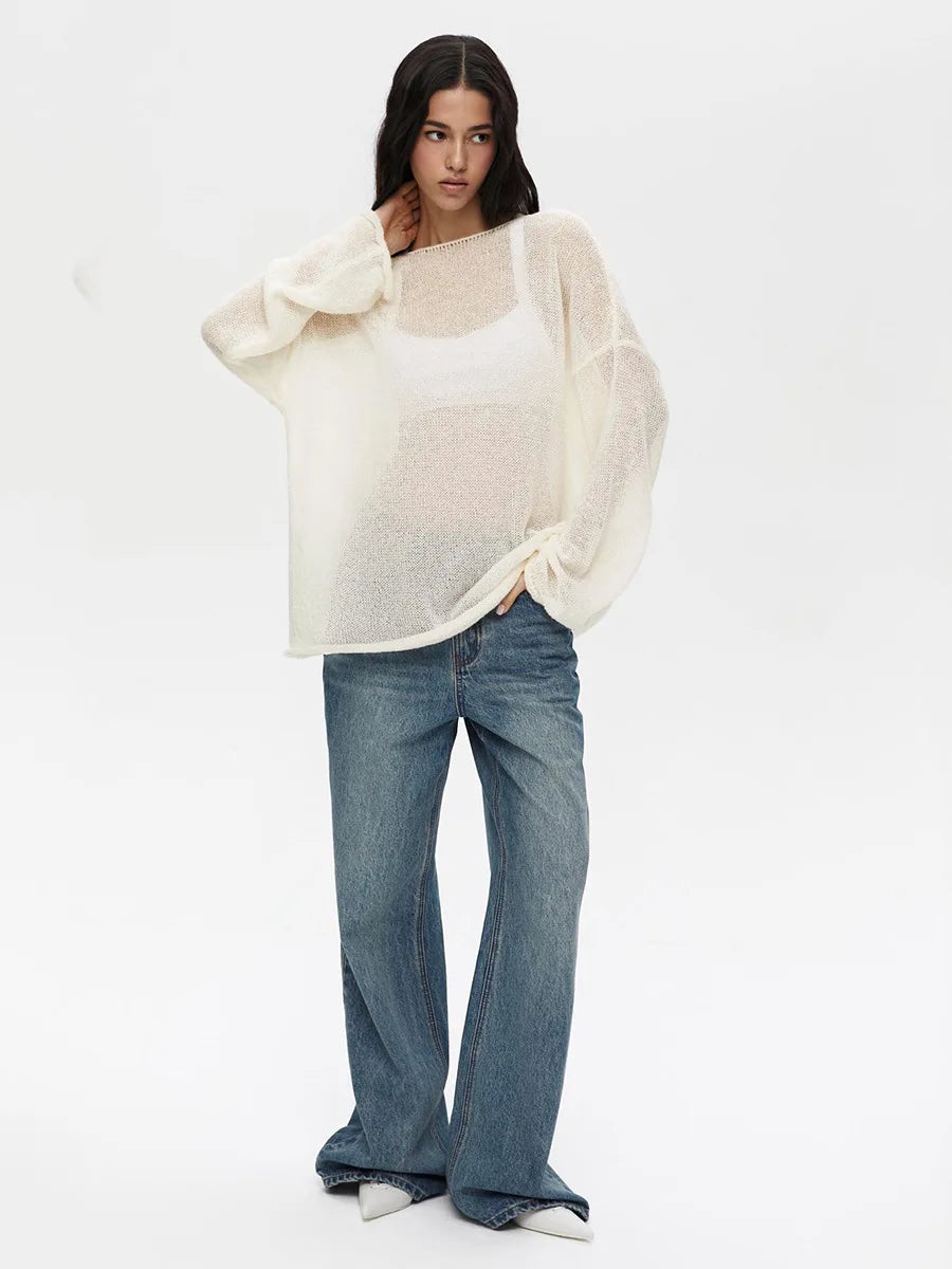 Original Fashion Hollow Out Knit Shirt Spring And Summer Women's Perspective Thin O-Neck Loose Elastic Long Sleeve Knit T-shirt