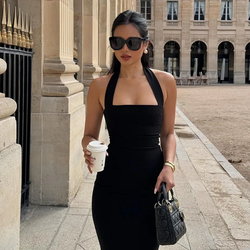 TARUXY One-Shoulder Bodycon Black Evening Dress For Women Sexy Backless Sleeveless Neck-Mounted Long Party Dress Female Elegant