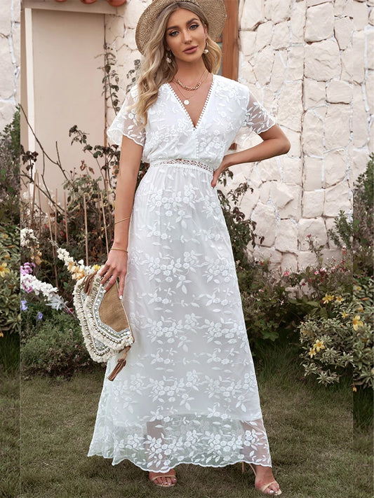 Embroidery Boho Long Dress Women Elegant Hollow Out Lace Holiday Beach Dress Female Fashion V Neck Short Sleeve Maxi Dress 2023