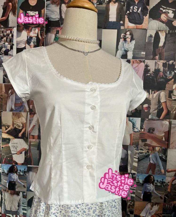 2024 New White Lace Tied Square Neck Summer T-shirts Chic Elegant Short Sleeve Tee Cotton Y2K Street Casual Bow Tie-up Top Women