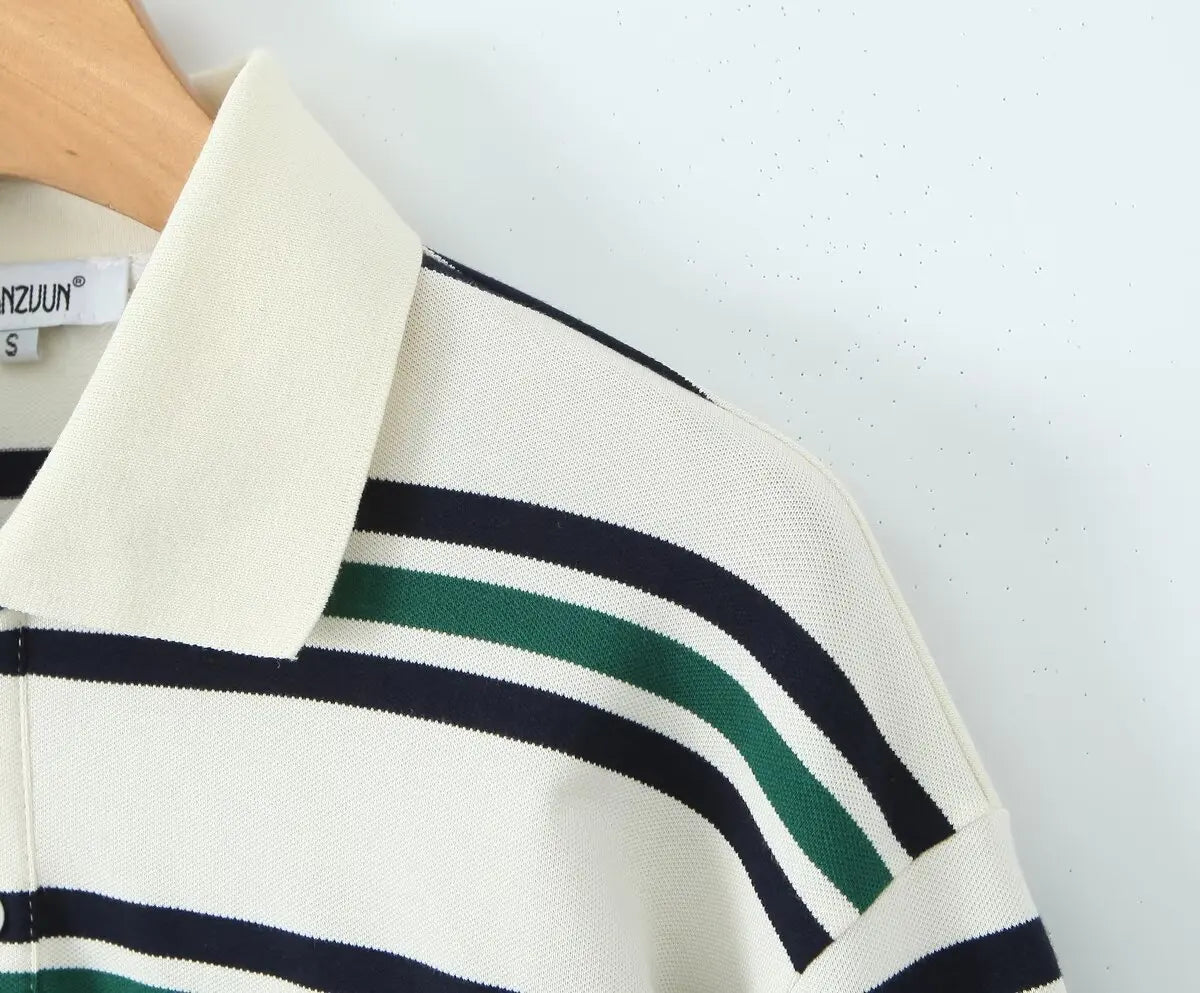 Summer 2025 Polo Shirts Woman Long Sleeve Tops Women Striped Vintage Clothes Polo Shirts Mujer Streetwear Casual Tops Brown