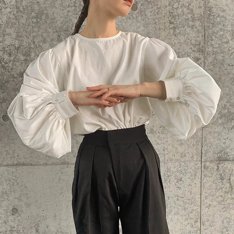 Japan Style Office Lady Elegant Vintage Blouse Women O-neck Loose Lantern Sleeve Shirts Solid All-amtch Blusas Autumn Ladies Top