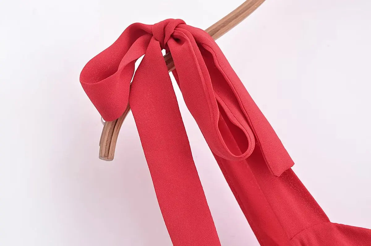 French Red Holiday Party Sling Summer Dress For Women Bow Shoulder A-line Slim Midi Chiffon Dresses
