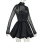 Talenza Black Mesh Sexy Mini Dress Female High Waisted Sheer Long Sleeve Patchwork A-Line Short Dress Luxury Party Evening Dress