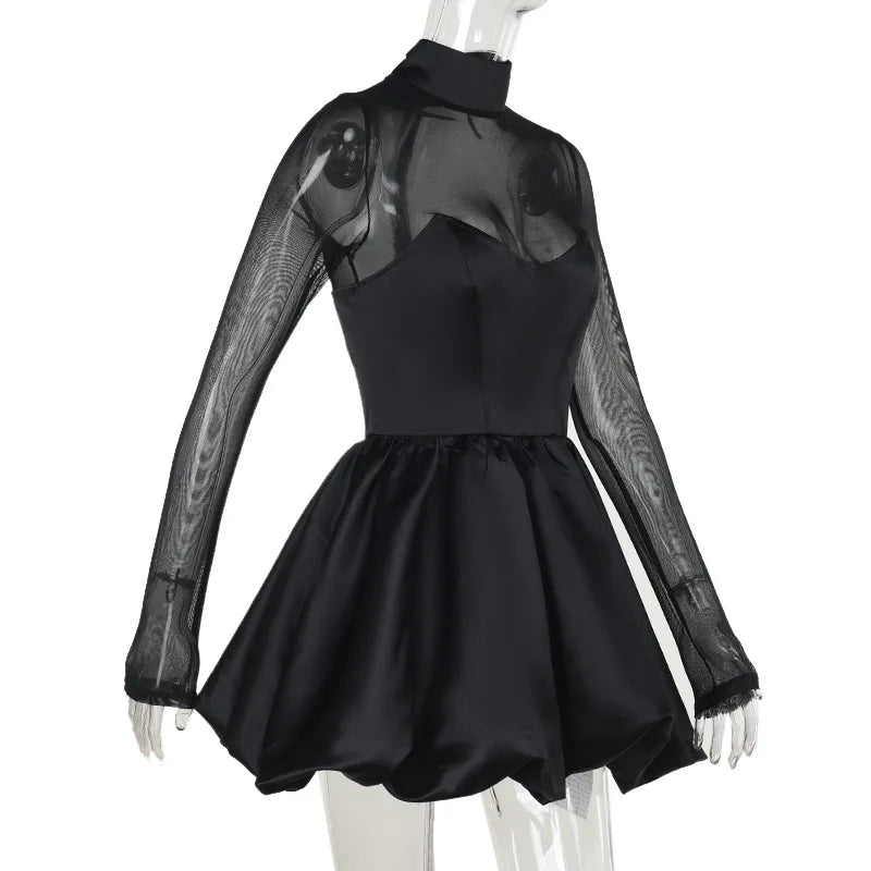 Talenza Black Mesh Sexy Mini Dress Female High Waisted Sheer Long Sleeve Patchwork A-Line Short Dress Luxury Party Evening Dress