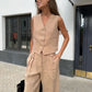 Cotton Linen Blend Vest Wide Leg Pants Suit Spring and Summer Women's Casual Fashion Sleeveless Vest Pleated Low Waist Pants Set