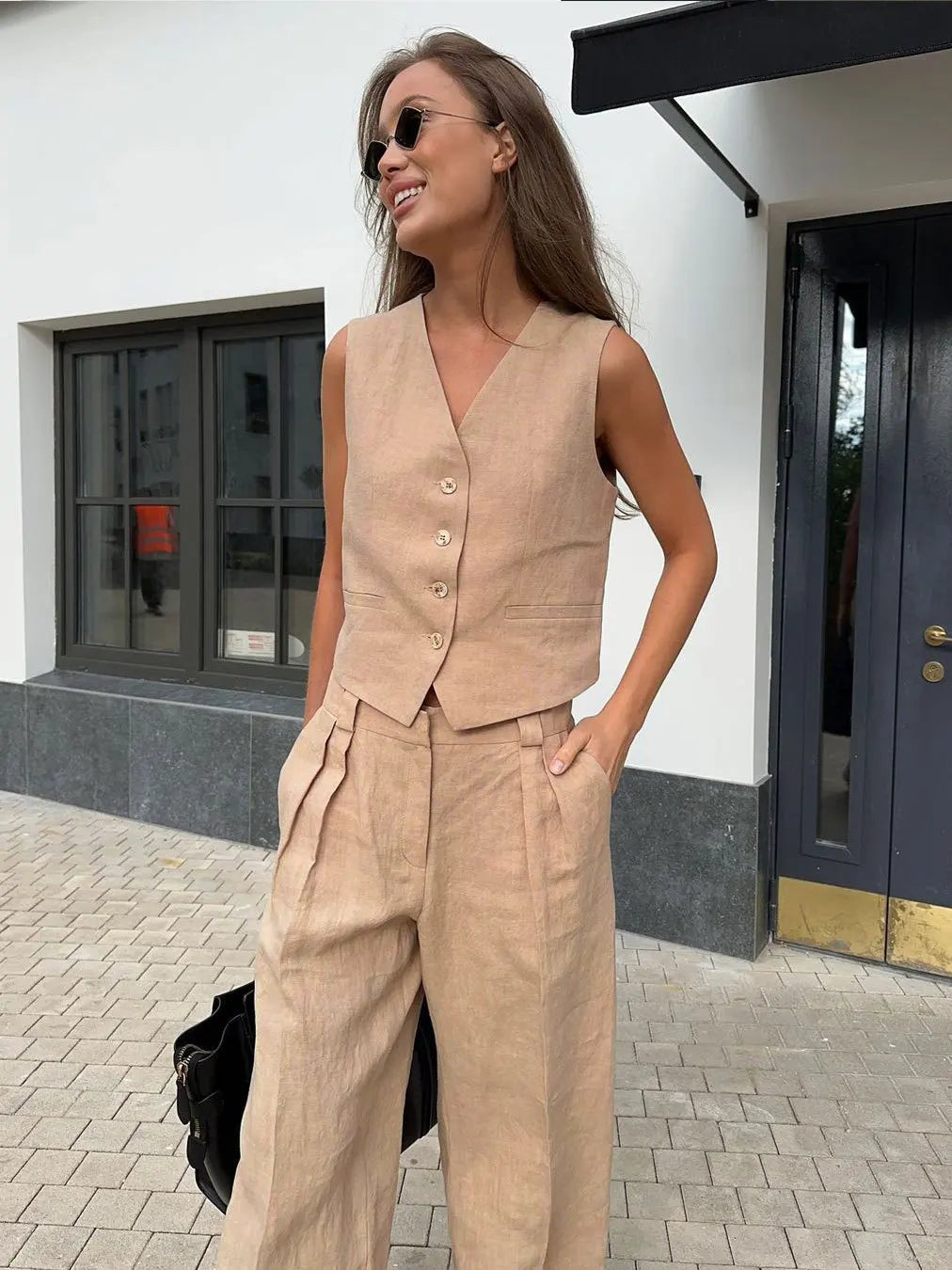 Cotton Linen Blend Vest Wide Leg Pants Suit Spring and Summer Women's Casual Fashion Sleeveless Vest Pleated Low Waist Pants Set