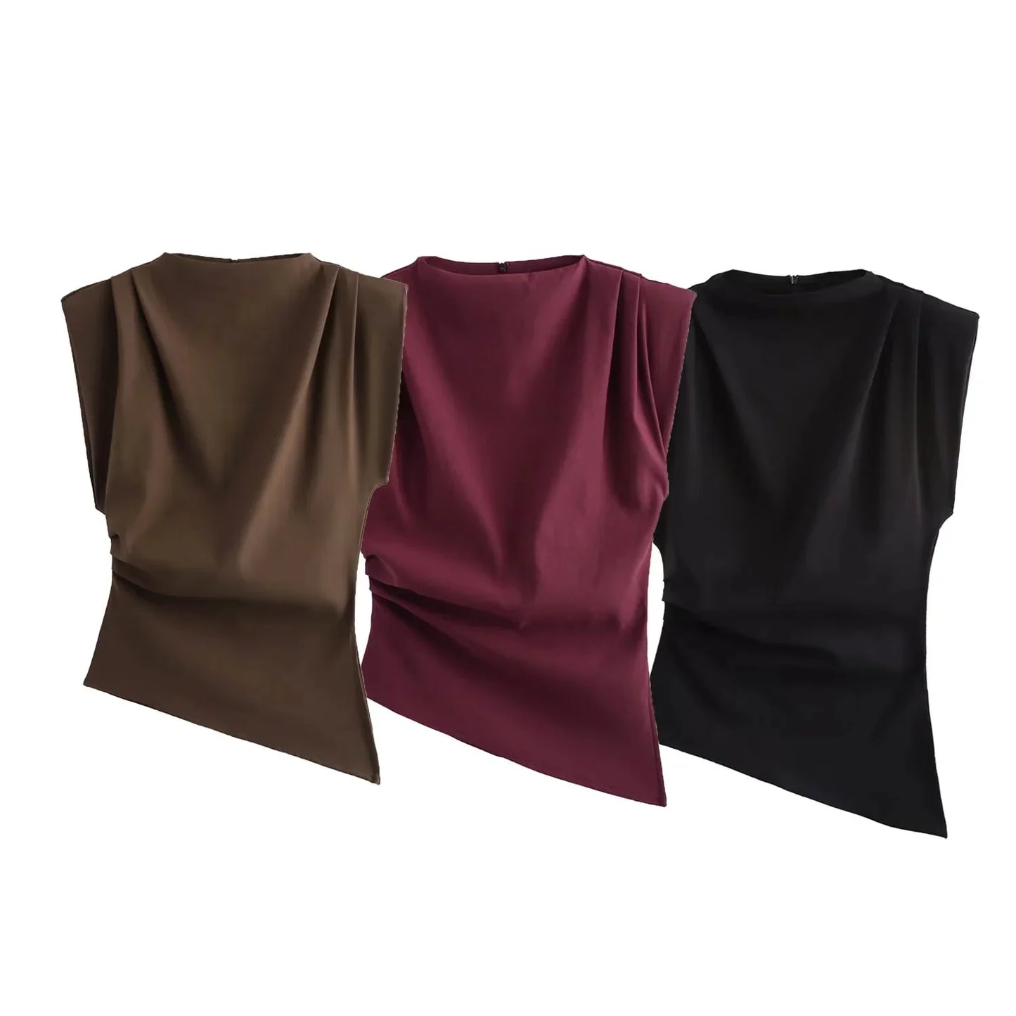 TRAFZA Vintage Chic Women Solid Asymmetric O-Neck Zipper Sleeveless Cross Folds Top Fashion 2025 Streetwear Padded Shoulder Top