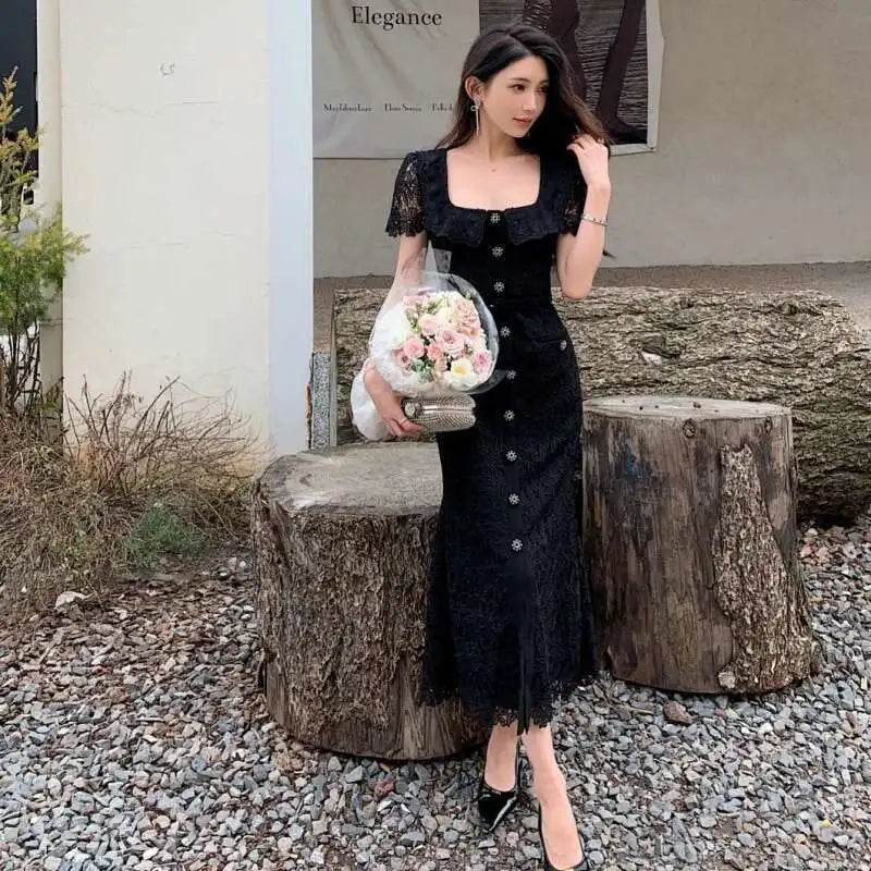 JAMERARY Brand Designer Summer Black Lace Evening Prom Dress Women Diamond Button Short Sleeve Midi Long Party Vestidos Quality