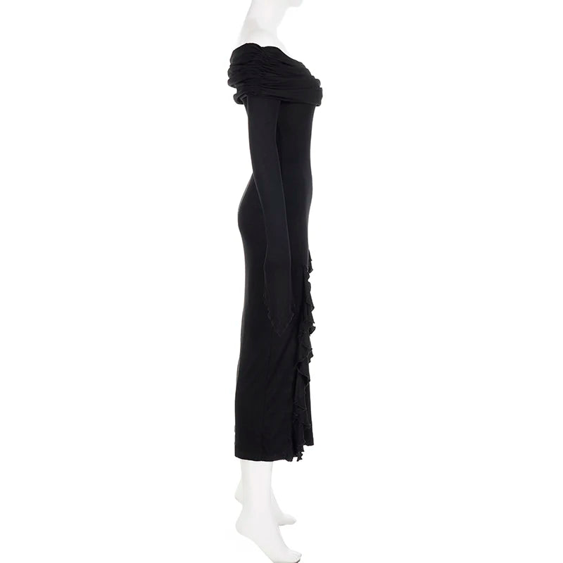 IAMSURE Elegant Fashion Dark Ruffles Split Long Dress Gothic Slash Neck Long Sleeve Maxi Dresses For Women 2023 Holiday Beach