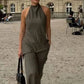TRAFZA Women Vintage Solid Pant Sets Sexy Backless Halter Camis Top Asymmetric Tank Top + Drawstring Trousers Fashion Streetwear