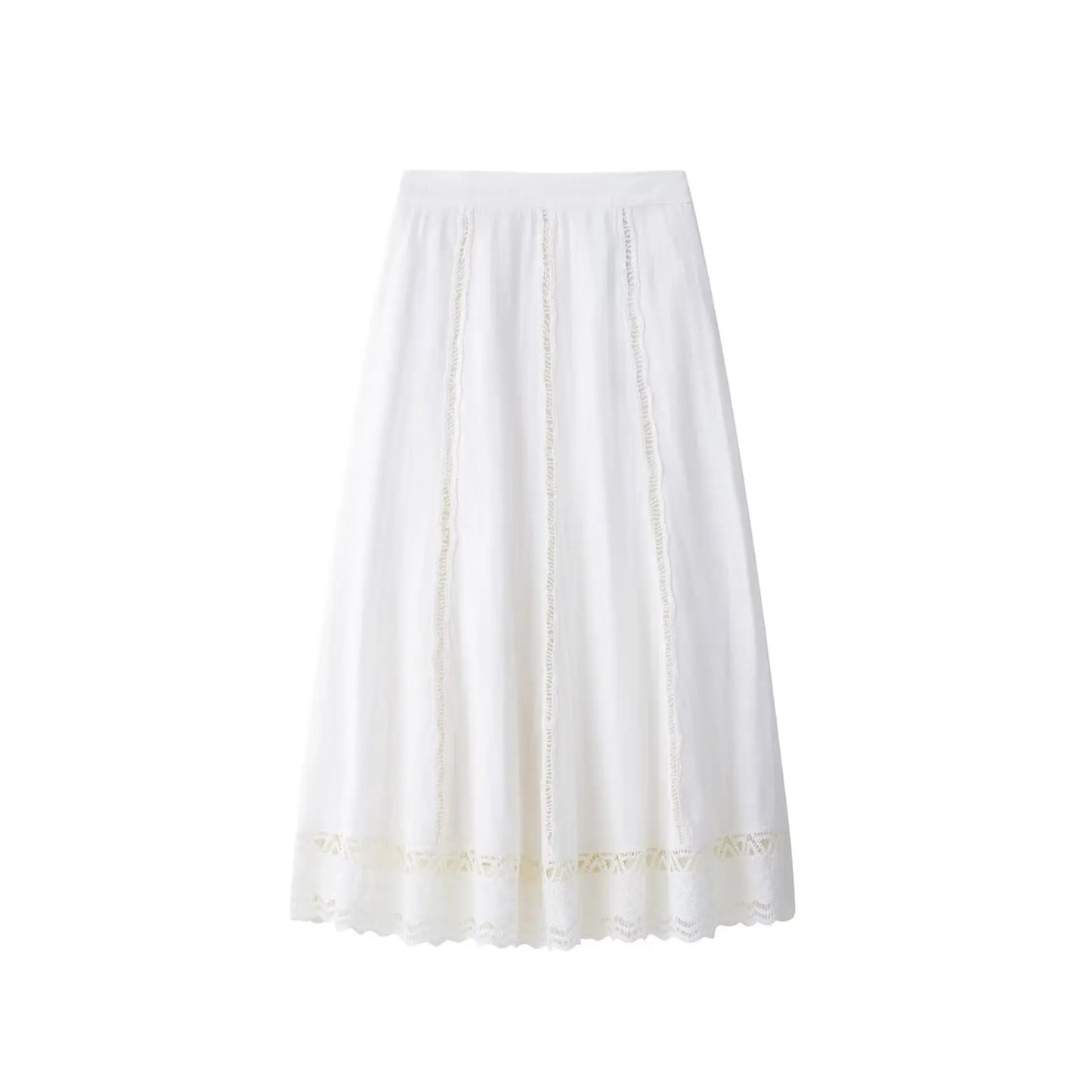 TRAFZA Women Fashion O-Neck Crocheting Details White Skirt Suit Short-sleeve Blouse+Side Zipper White Pleated Midi Se Long Skirt