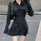 HOUZHOU Black Shirt Dress Women Elegant Vintage Long Sleeve Dresses Sexy Gothic Pleated Streetwear Turn-down Collar Casual Robe