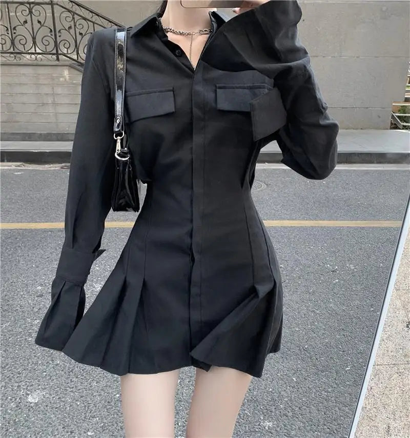 HOUZHOU Black Shirt Dress Women Elegant Vintage Long Sleeve Dresses Sexy Gothic Pleated Streetwear Turn-down Collar Casual Robe