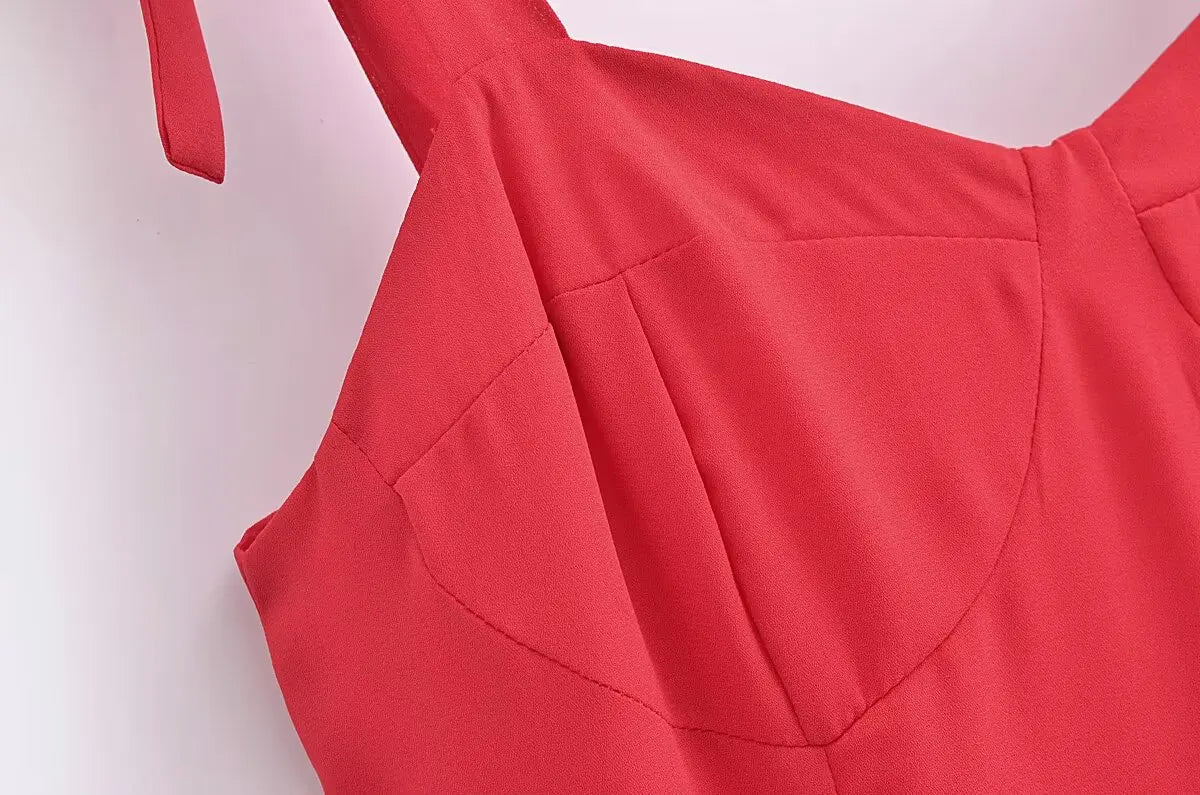 French Red Holiday Party Sling Summer Dress For Women Bow Shoulder A-line Slim Midi Chiffon Dresses