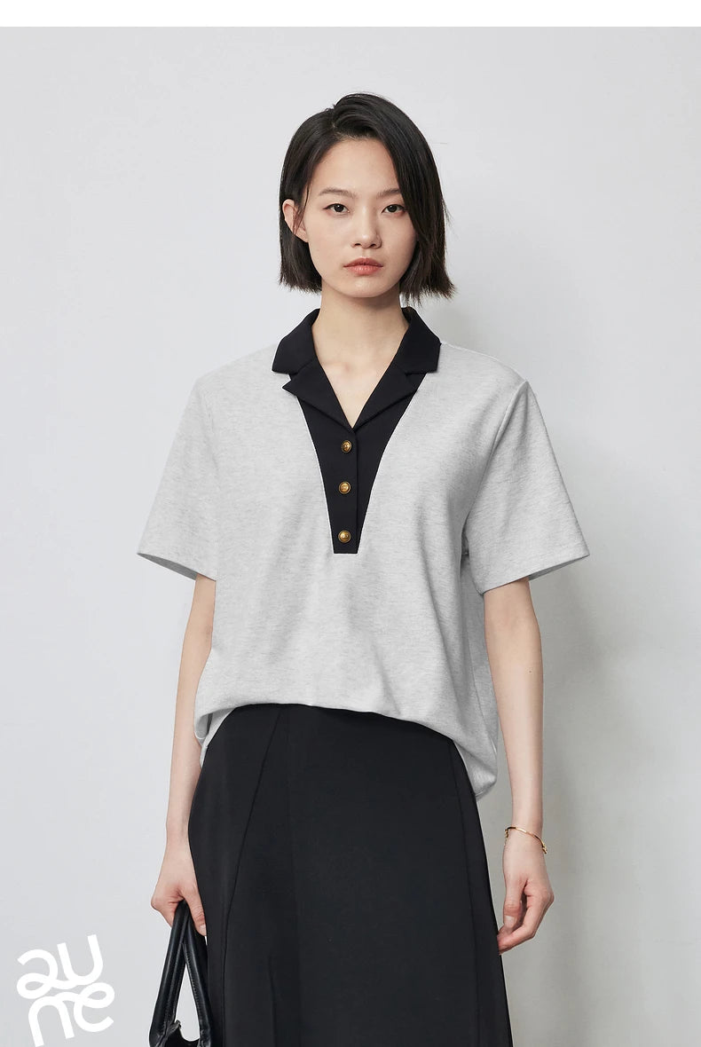 TOYOUTH Women Contrasting Colors POLO Collar T-shirt 2025 Summer New Short Sleeved Top