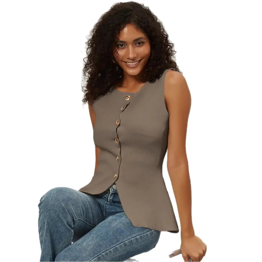 Slim Fit Knitted Vest Single Button Women's Style Cross-Border Clothing Crew Neck Tank Top Fashionable And Stylish