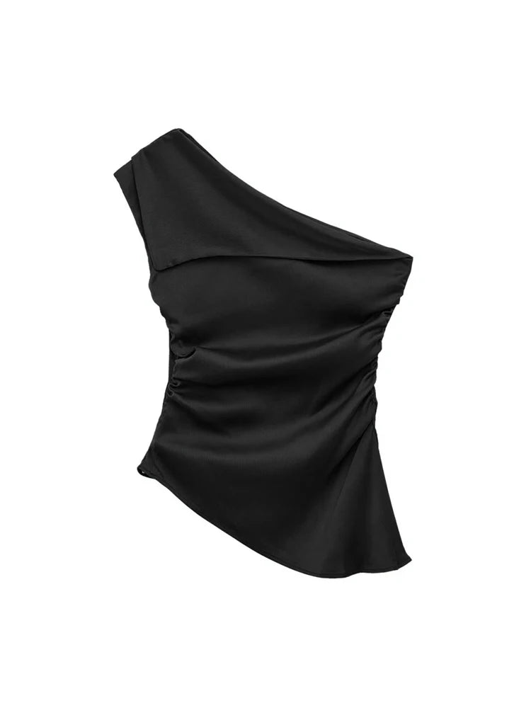 TRZA Women's Asymmetric Draped Blouse One Shoulder Side Zipper Chic Fashion Top Female Shirt