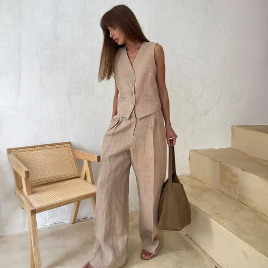 Cotton Linen Blend Vest Wide Leg Pants Suit Spring and Summer Women's Casual Fashion Sleeveless Vest Pleated Low Waist Pants Set