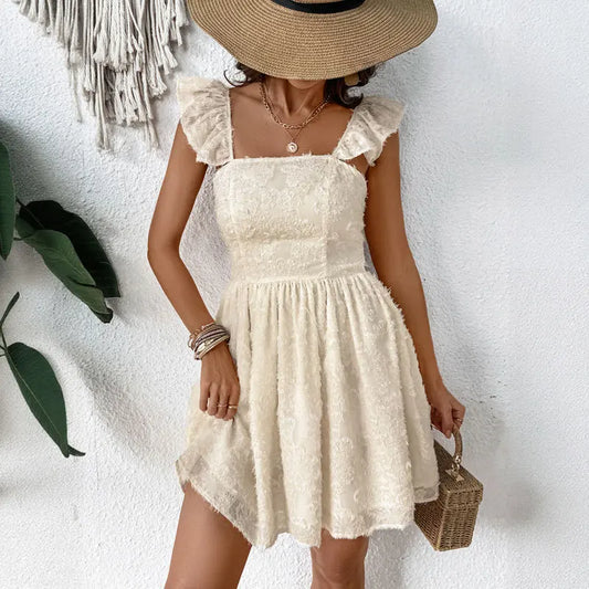 Elegant Women Summer Lace Floral Patchwork Corset Mini Dress Sleeveless Square Neck Tie-up Short Tank A-line Flowy Party Dress