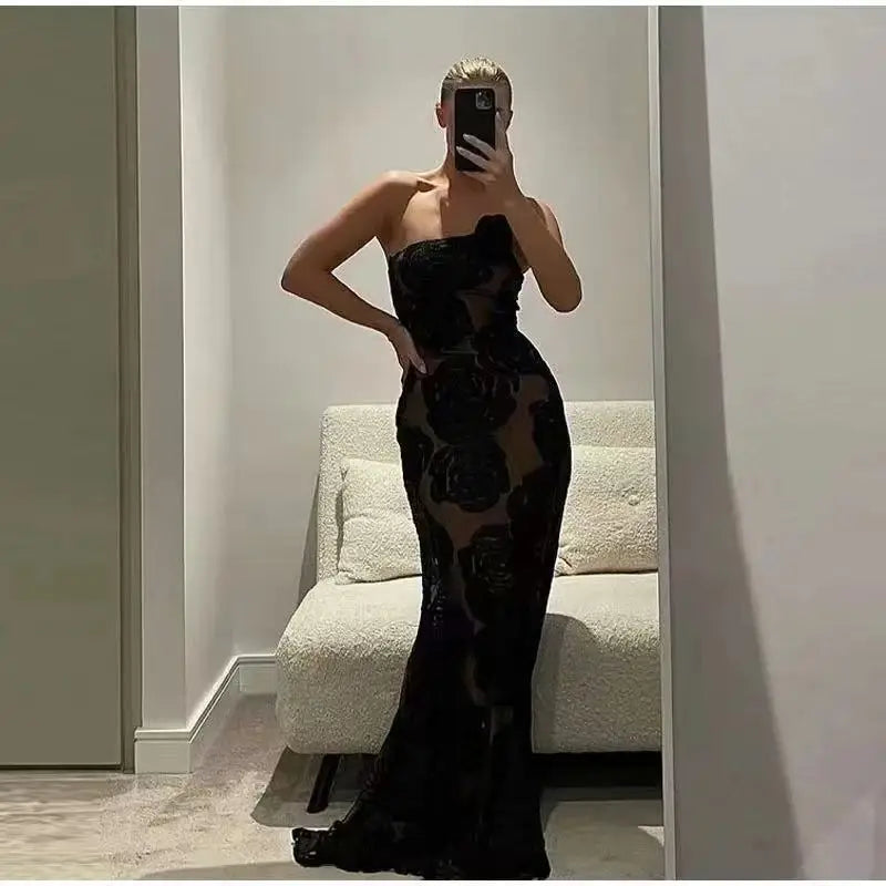 Mingmingxi Black Mesh Birthday Dress for Women 2024 One Shoulder Sexy Long Dress Slim Elegant Flower Wedding Guest Party Dresses