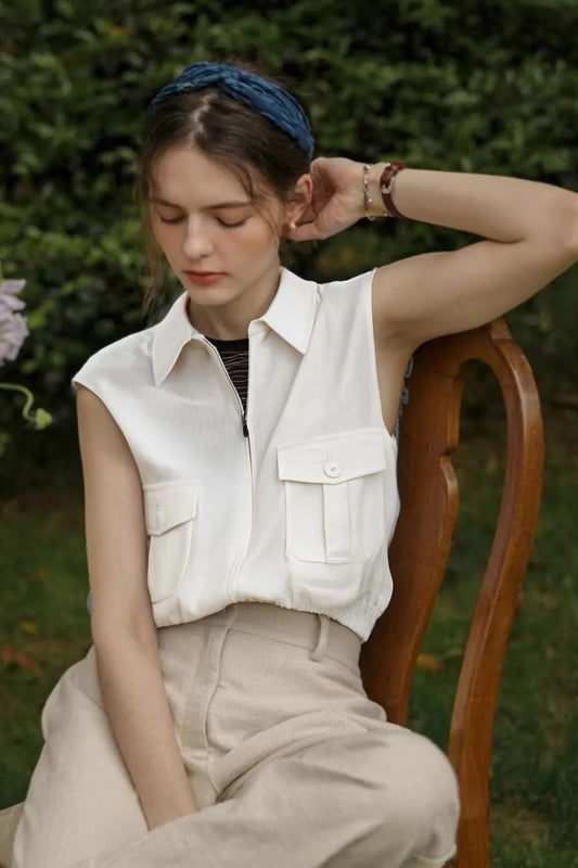 VIMLY Women's Commuter Vest Coat 2025 Summer Simple Fashion Sleeveless Zipper Lapel Neck Vest Coat Female Casual Short Waistcoat
