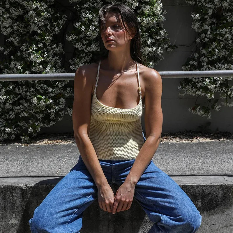 TARUXY Knitted Hollow Tanks Top Female Sexy Backless Lace Up Solid Sweater Vest Slim Halter Short Tops Casual 2025 Summer New