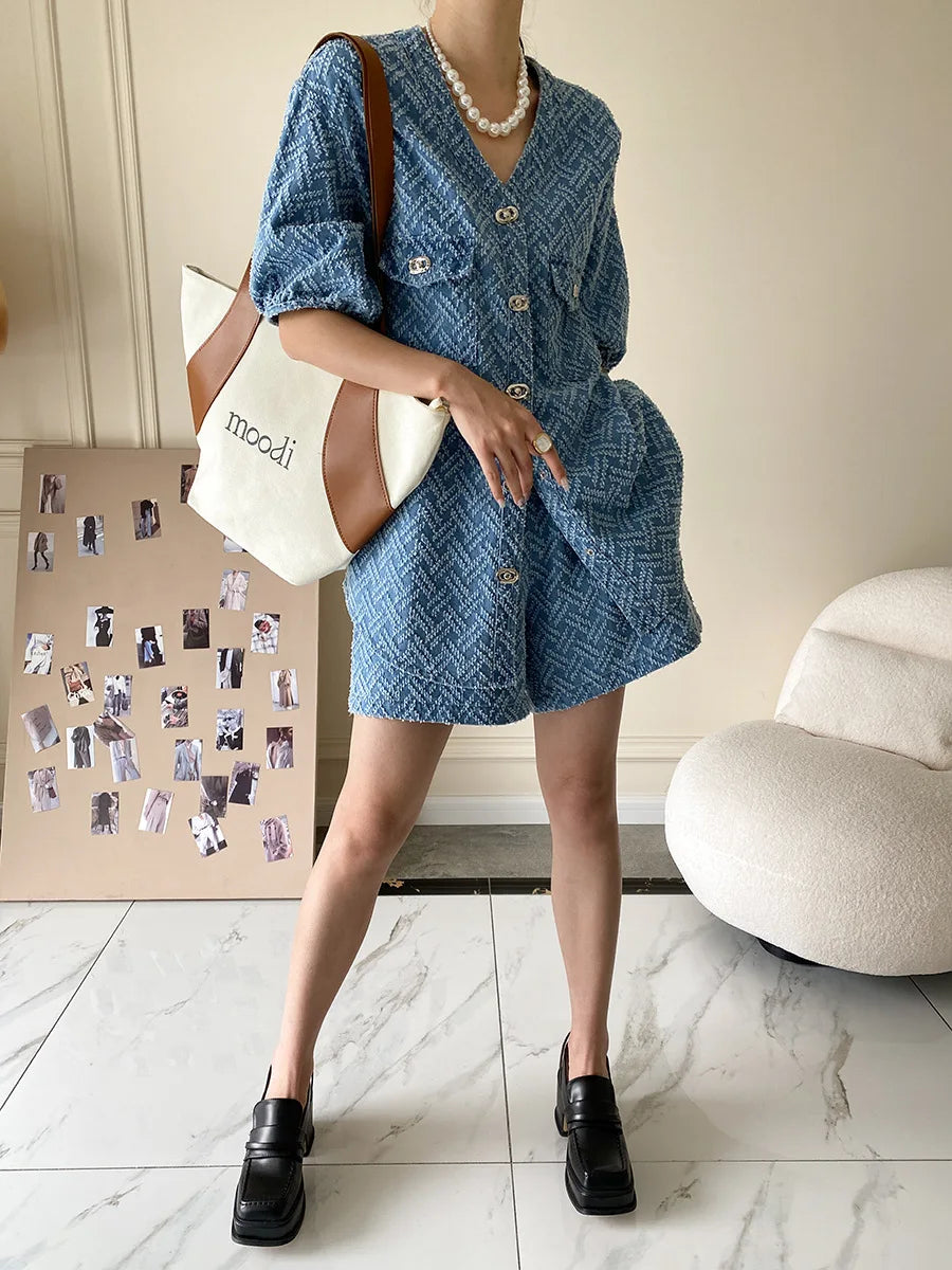 Women's Denim Short Sleeve Top and Shorts Two Piece Suit French Fashion Spring Summer Cowgirl Top Streetwear Korean Leisure New