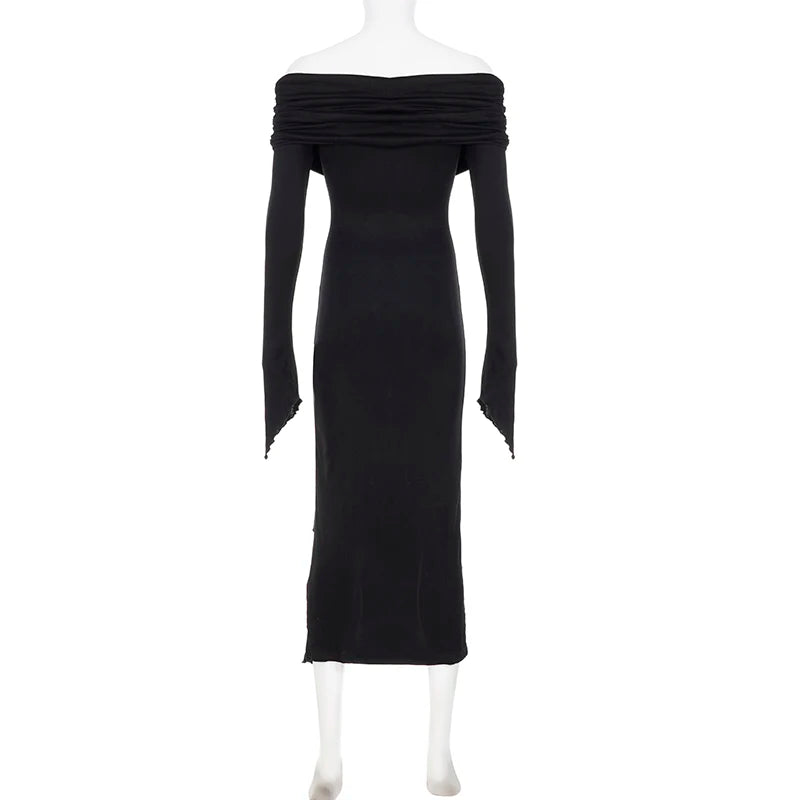 IAMSURE Elegant Fashion Dark Ruffles Split Long Dress Gothic Slash Neck Long Sleeve Maxi Dresses For Women 2023 Holiday Beach