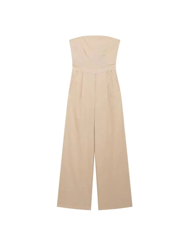 TRZA-Strapless Linen Jumpsuits for Women, Straight Neck, Back Zipper, Female Playsuits, Chic Fashion