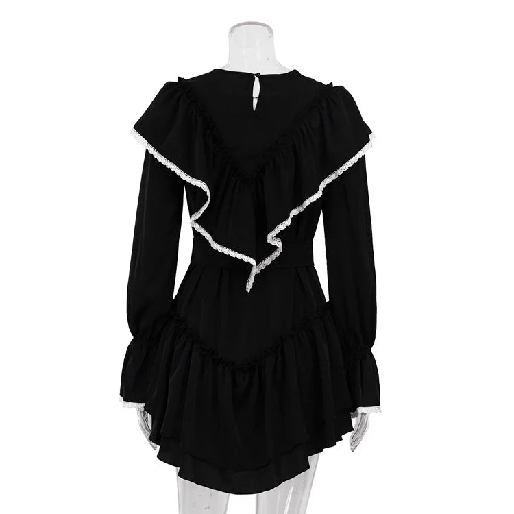Jastie 2023 Autumn New Women's Dress Round Neck Long Bell Sleeve Ruffle Dresses Women's Temperament Design Short Black Dress