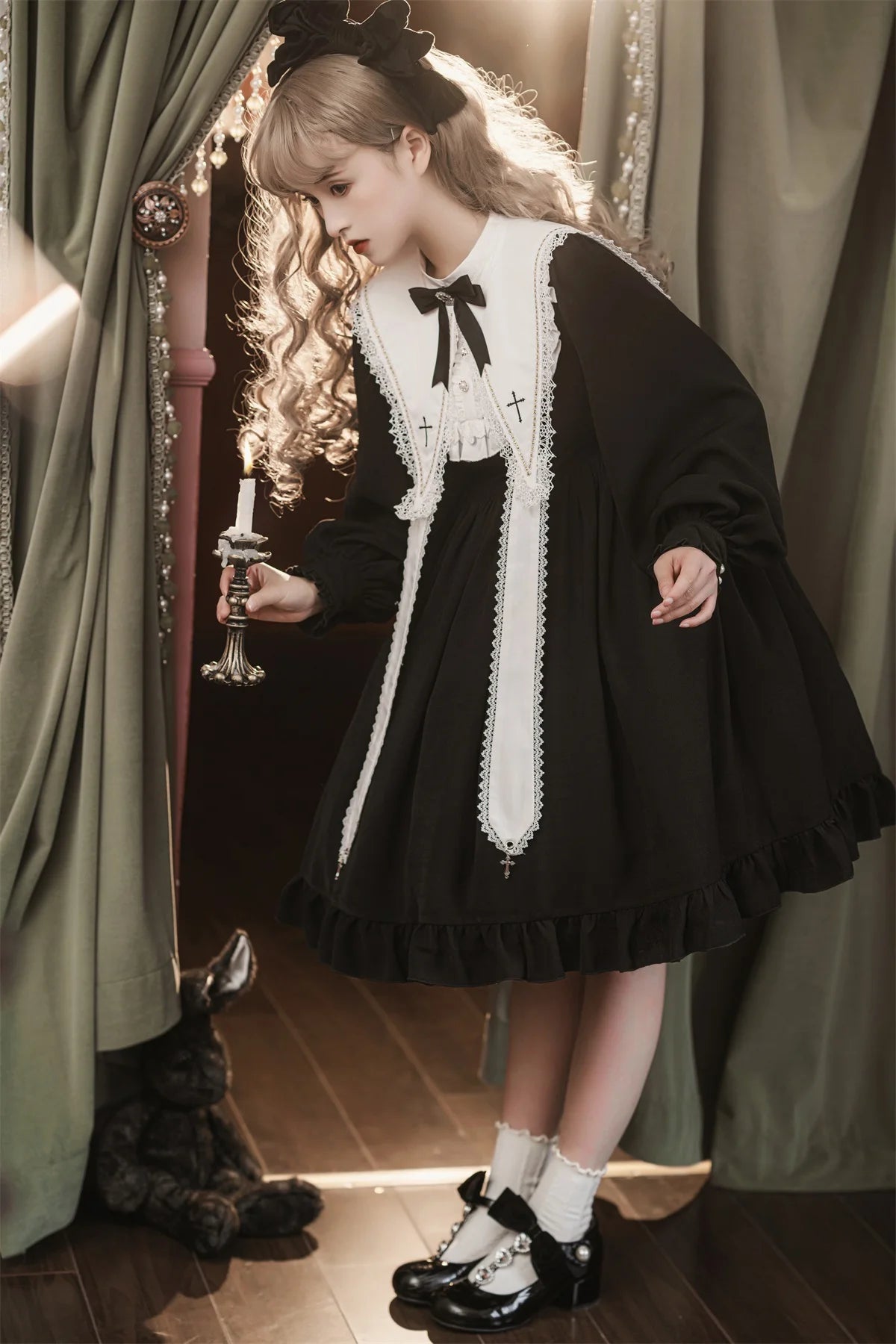Contract Color Lolita Dress for Women Gothic Style Dark Girl Japanese Retro Op Dress Autumn and Winter Long Sleeve Black Dress