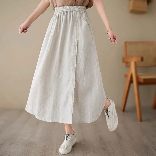 High Waist Casual Embroidery Skirts Women New Arrival 2024 Summer Vintage Style Solid Cotton Linen Female A-line Long Skirt
