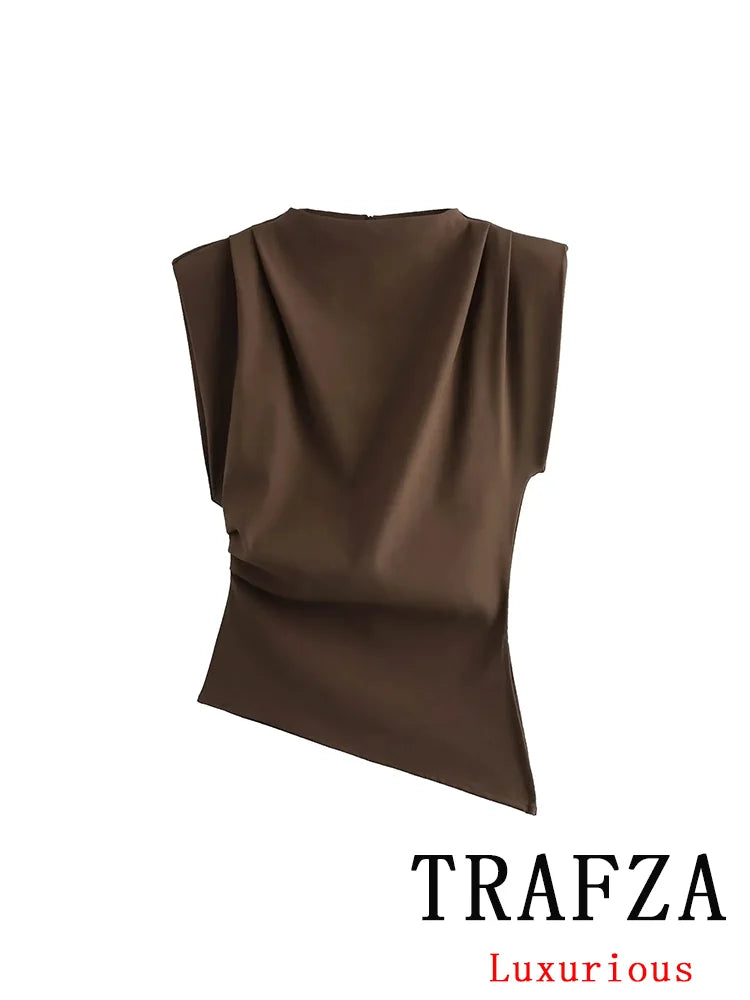 TRAFZA Vintage Chic Women Solid Asymmetric O-Neck Zipper Sleeveless Cross Folds Top Fashion 2025 Streetwear Padded Shoulder Top