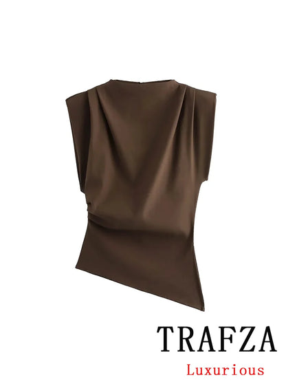 TRAFZA Vintage Chic Women Solid Asymmetric O-Neck Zipper Sleeveless Cross Folds Top Fashion 2025 Streetwear Padded Shoulder Top