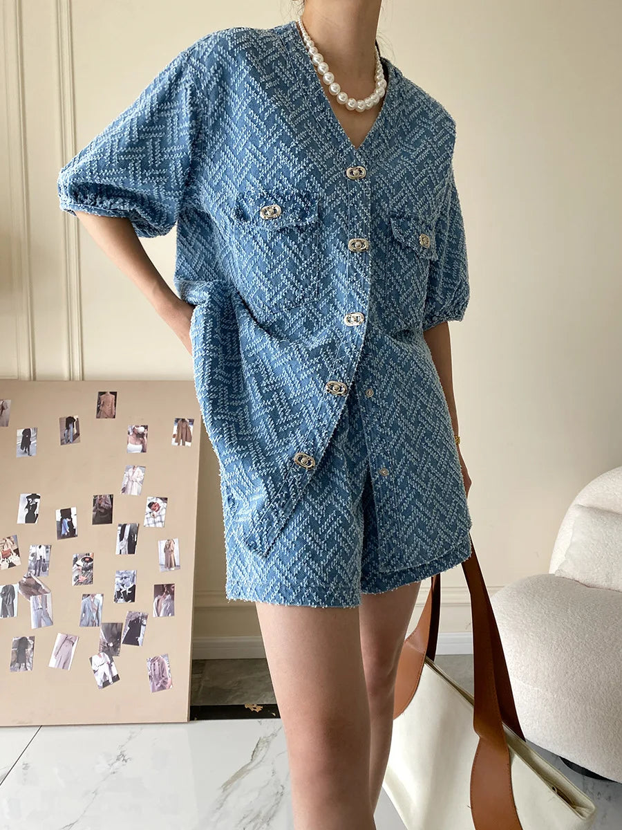 Women's Denim Short Sleeve Top and Shorts Two Piece Suit French Fashion Spring Summer Cowgirl Top Streetwear Korean Leisure New