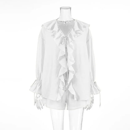 Tuularose New Casual Shorts Two-piece Set Women's Ruffled Loose Tie Top Simple Shorts Set Office Lady Summer Female Shorts Set