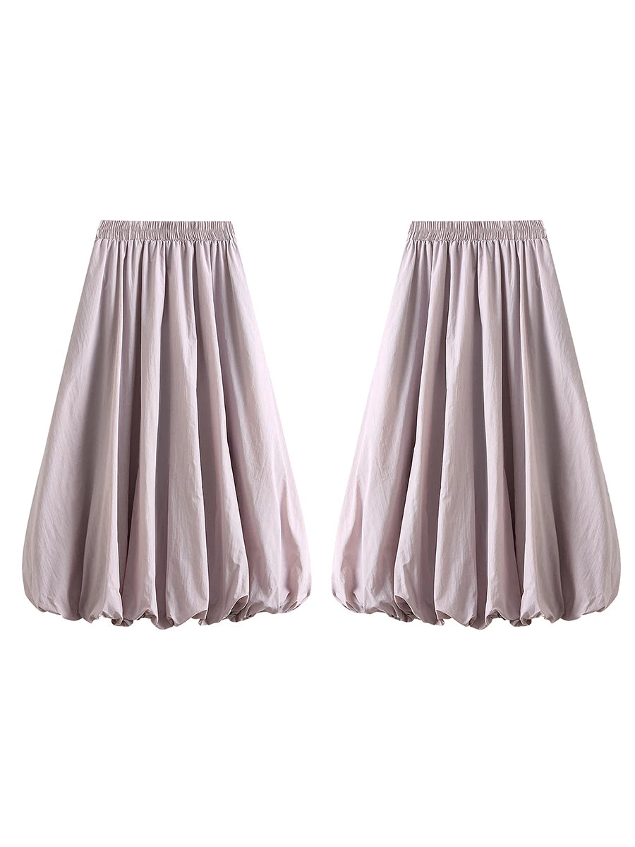 Combhasaki Women's Elegant Elastic High Waist Solid Color A-Line Pleated Puffball Hem Casual Flowy Balloon Bud Midi Skirts