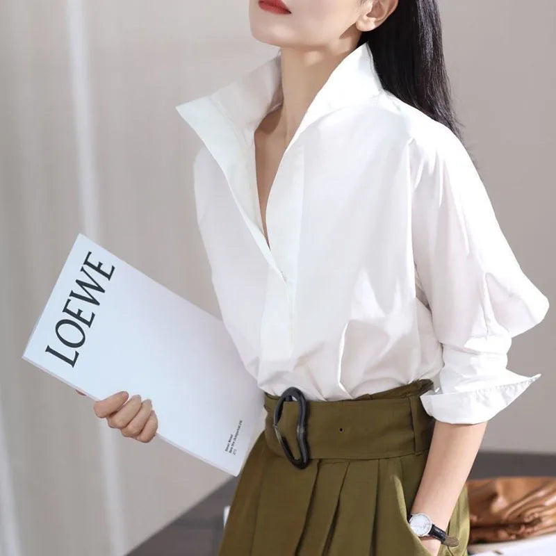Fashion Stand Collar Solid Color Korean Blouse Women's Clothing 2023 Spring New Casual Pullovers All-match Office Lady Shirt