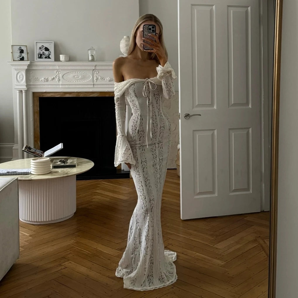 Oligai Winter Lace Long Sleeve Evening Party Dresses Women 2025 Black Sexy Elegant Maxi Dress Fashion Long Wedding Guest Dress